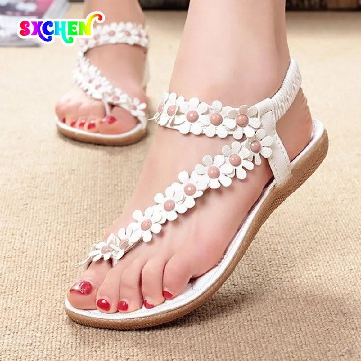 SXCHEN Ladies Shoes Women's Sandals Toe Flowers Casual Flat Shoes Women Flat Shoes Fashion Girls Open Toe Beach Sandalias Non-Slip Flat Heel Bohemian Sandals Casual Fashion Floral Flip Flops