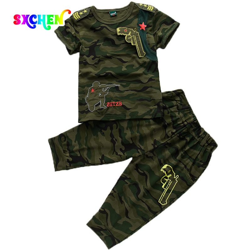 SXCHEN 2pcs Camouflage T shirt + Shorts Boys Star Clothing 5-12y Boy Cotton Material Children's Sets Male Child Clothes Students Kindergarten Cotton Birthday Sport Baby Versatile Casual Joggers Green