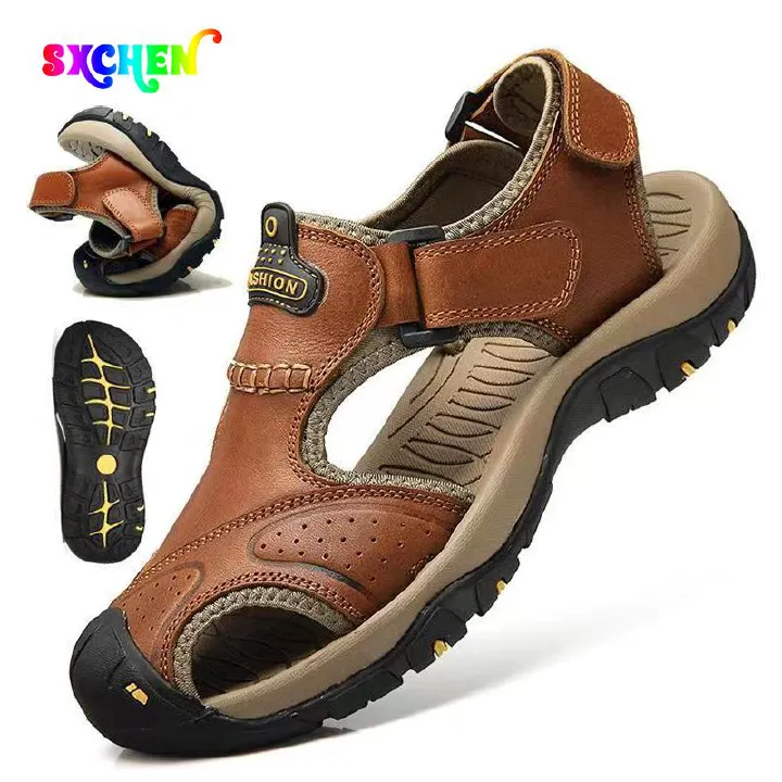 SXCHEN Men's Shoes Luxury Sandals Men Fashion Mountaineering Leather Beach Sandal Split Leisure Shoe Toughees Big Outdoor Walking Footwear Soft Boy Holiday Casual Dad Court Rubber School Work Brown