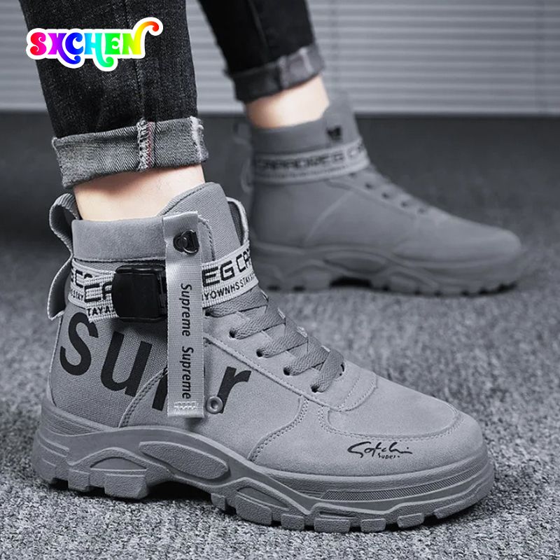 SXCHEN Men's Tactical High-Top Shoes – Grey Work Boots Durable Upper With Adjustable Strap, Padded Ankle Support, Ideal For Outdoor Adventures & Daily Use, All Sizes Available