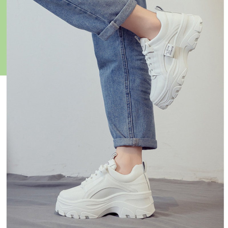 SXCHEN Women's Comfort Platform Shoes – White Faux Leather, Cushioned Insole, Lightweight Construction, Perfect For Travel & Elevating Casual Attire, All Sizes Available