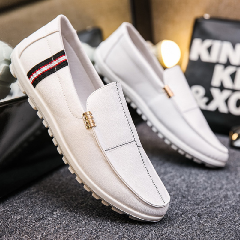 SXCHEN Men's Fashion Loafer Shoes-White With Contrast Striped Trim,Lightweight Construction, Anti-Skid Traction Sole,Perfect For Business Casual & Daily Commute