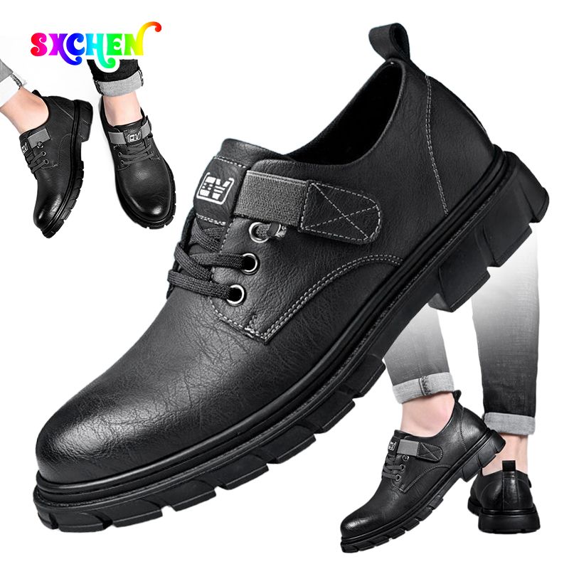 SXCHEN Men's Fashion Leather Shoes – Black With Textured Upper, Durable Stitching, Non-Slip Traction Sole, Ideal For Commute, Weekend Outings & Urban Style, All Sizes Available