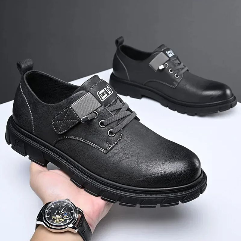 SXCHEN Men's Fashion Leather Shoes – Black With Textured Upper, Durable Stitching, Non-Slip Traction Sole, Ideal For Commute, Weekend Outings & Urban Style, All Sizes Available