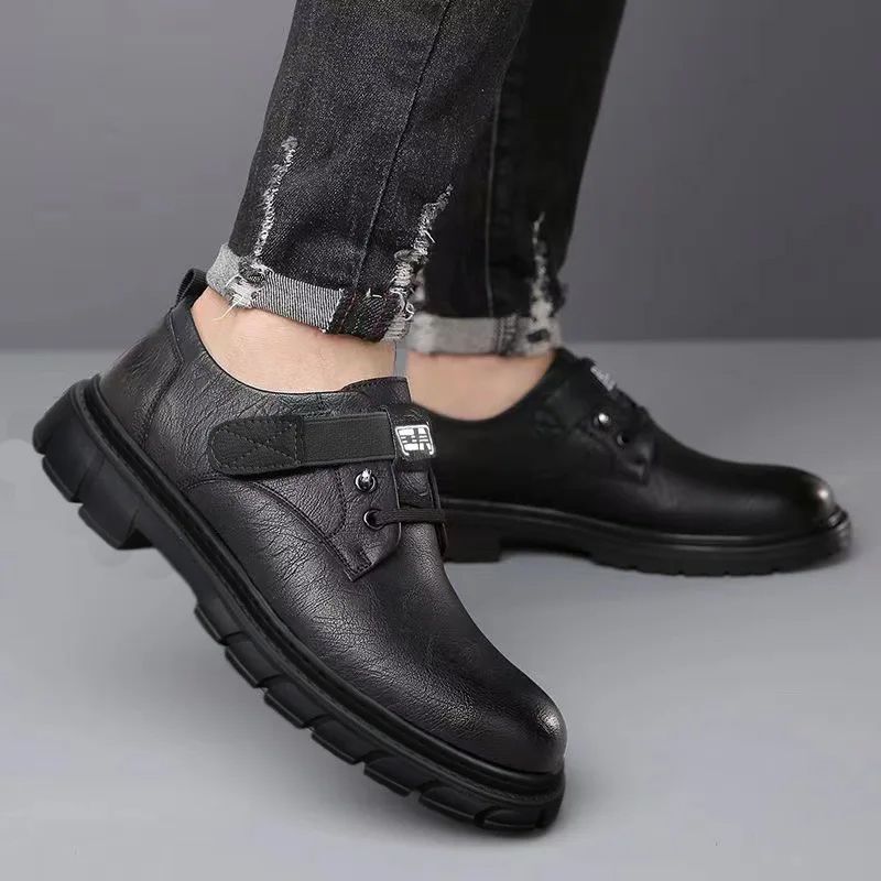 SXCHEN Men's Fashion Leather Shoes – Black With Textured Upper, Durable Stitching, Non-Slip Traction Sole, Ideal For Commute, Weekend Outings & Urban Style, All Sizes Available