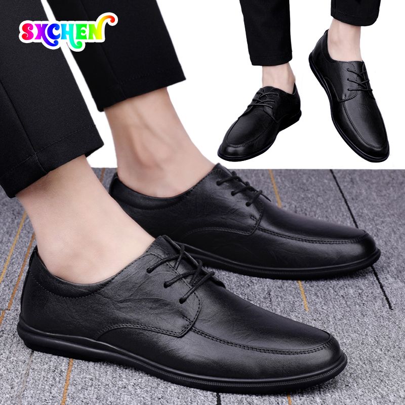 SXCHEN New Men's Business British Casual Leather Shoes Soft Bottom Non-Slip Breathable Leather Shoes Work Shoes