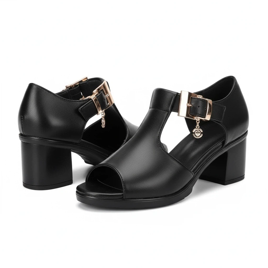 SXCHEN Ladies Shoes Fish Mouth Sandals Women's Style Roman Women Thick Heels Versatile Mid-heel Thick Comfortable Non-slip Beach Fashion Beautiful Girls Shoe Heel Open Shoes Black Lady Official