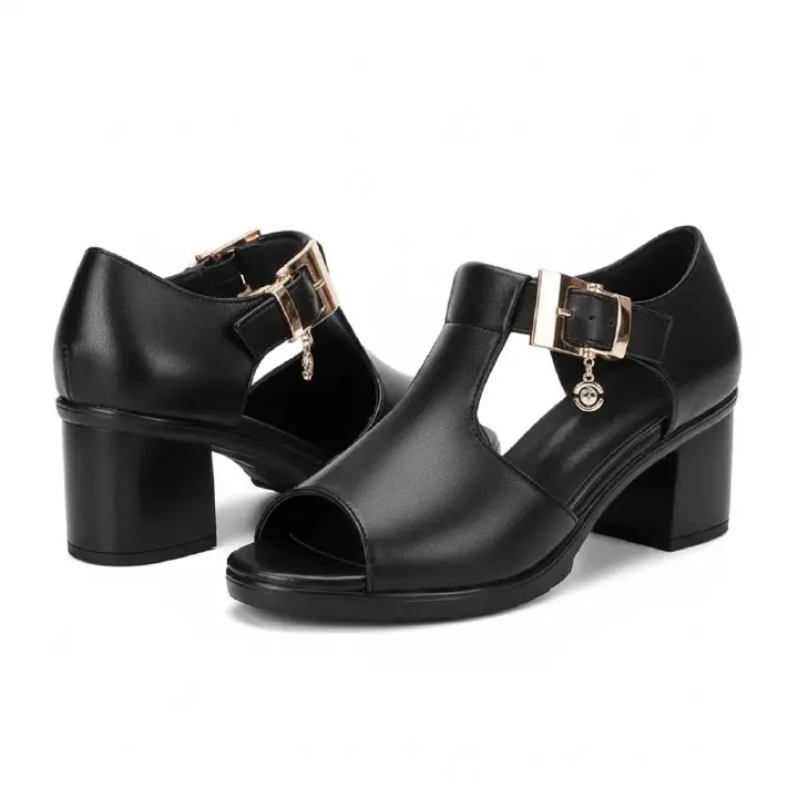 SXCHEN Ladies Shoes Fish Mouth Sandals Women's Style Roman Women Thick Heels Versatile Mid-heel Thick Comfortable Non-slip Beach Fashion Beautiful Girls Shoe Heel Open Shoes Black Lady Official