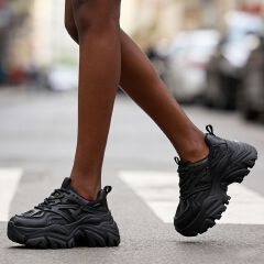 SXCHEN Women's Platform Sneaker Shoes – All-Black Rugged Design, Breathable Lining, Pull Tab for Easy On/Off, Ideal For Street Fashion & Everyday Wear, All Sizes Available