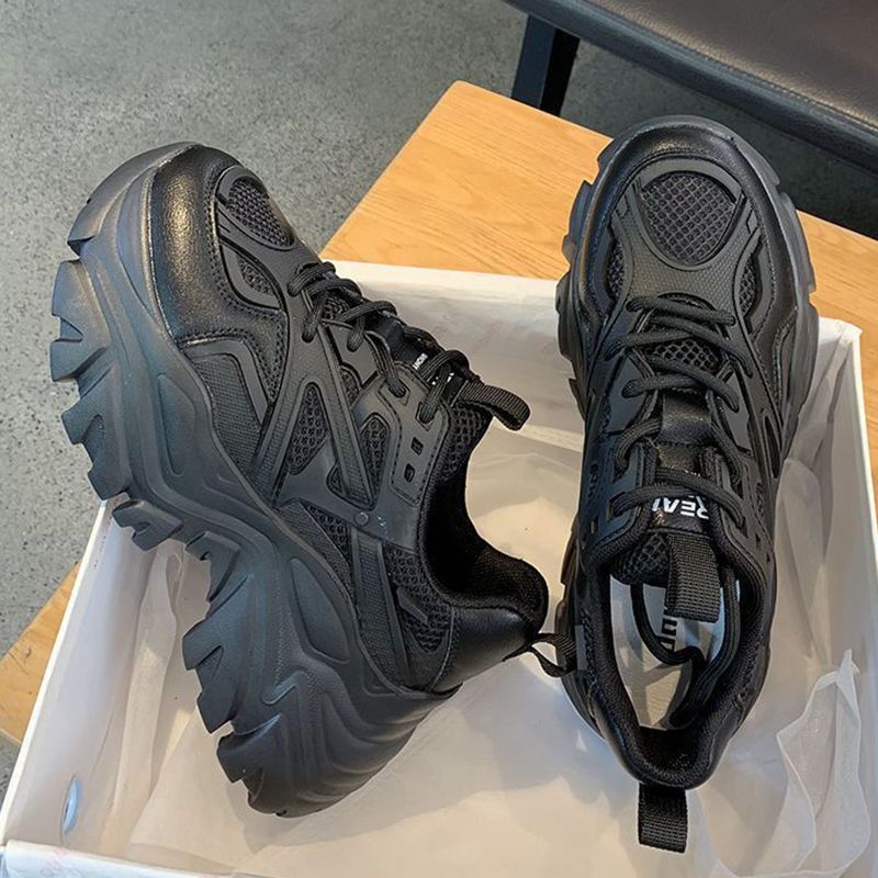 Chunky Sneakers Women's Synthetic Leather Mesh Patchwork Round Toe Lace-Up Thick Sole Ladies Sports Shoes Women New Fashion Platform Sport Shoes Summer Black Casual Chunky Sneakers Mesh Platform Shoes