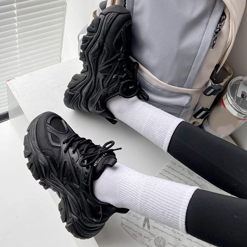 Chunky Sneakers Women's Synthetic Leather Mesh Patchwork Round Toe Lace-Up Thick Sole Ladies Sports Shoes Women New Fashion Platform Sport Shoes Summer Black Casual Chunky Sneakers Mesh Platform Shoes