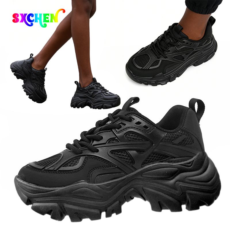 Chunky Sneakers Women's Synthetic Leather Mesh Patchwork Round Toe Lace-Up Thick Sole Ladies Sports Shoes Women New Fashion Platform Sport Shoes Summer Black Casual Chunky Sneakers Mesh Platform Shoes
