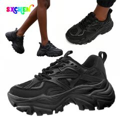 SXCHEN Women's Platform Sneaker Shoes – All-Black Rugged Design, Breathable Lining, Pull Tab for Easy On/Off, Ideal For Street Fashion & Everyday Wear, All Sizes Available