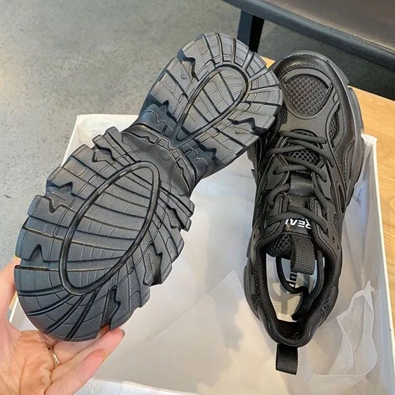 Chunky Sneakers Women's Synthetic Leather Mesh Patchwork Round Toe Lace-Up Thick Sole Ladies Sports Shoes Women New Fashion Platform Sport Shoes Summer Black Casual Chunky Sneakers Mesh Platform Shoes