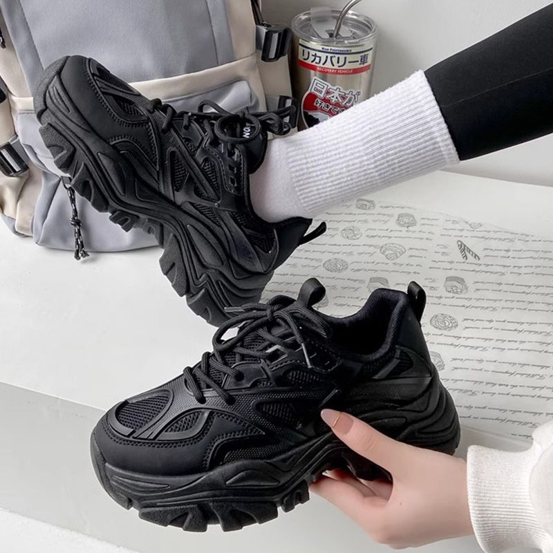 Chunky Sneakers Women's Synthetic Leather Mesh Patchwork Round Toe Lace-Up Thick Sole Ladies Sports Shoes Women New Fashion Platform Sport Shoes Summer Black Casual Chunky Sneakers Mesh Platform Shoes