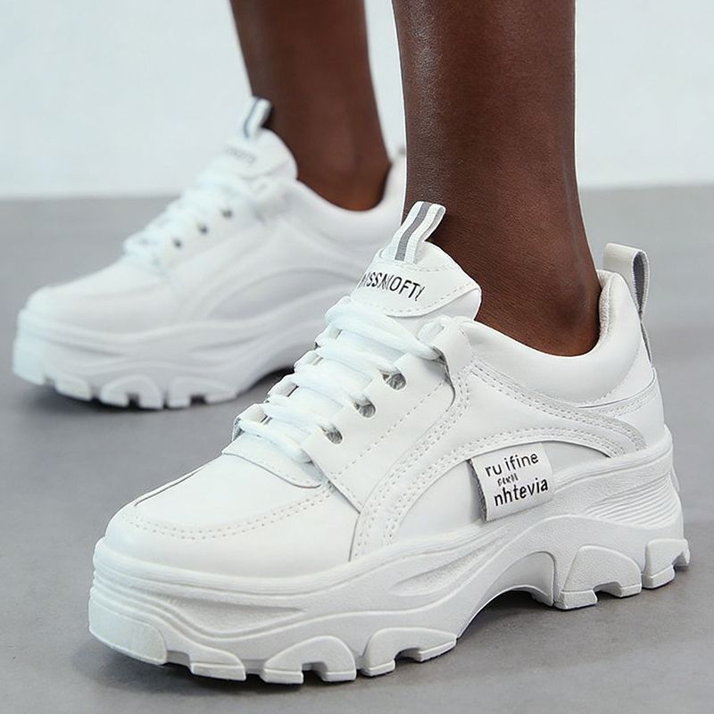 SXCHEN Women's Comfort Platform Shoes – White Faux Leather, Cushioned Insole, Lightweight Construction, Perfect For Travel & Elevating Casual Attire, All Sizes Available