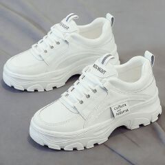 SXCHEN Women's Comfort Platform Shoes – White Faux Leather, Cushioned Insole, Lightweight Construction, Perfect For Travel & Elevating Casual Attire, All Sizes Available