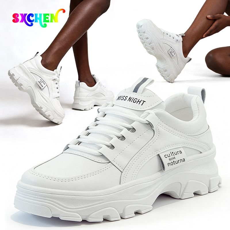 SXCHEN Women's Comfort Platform Shoes – White Faux Leather, Cushioned Insole, Lightweight Construction, Perfect For Travel & Elevating Casual Attire, All Sizes Available