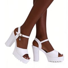 SXCHEN Women's Platform Heel Shoes – White Faux Leather, Chunky Block Heel, Adjustable Ankle Strap With Gold Buckle, Non-Slip Platform Sole, Perfect For Parties, Weddings & Clubwear, All Sizes Availab