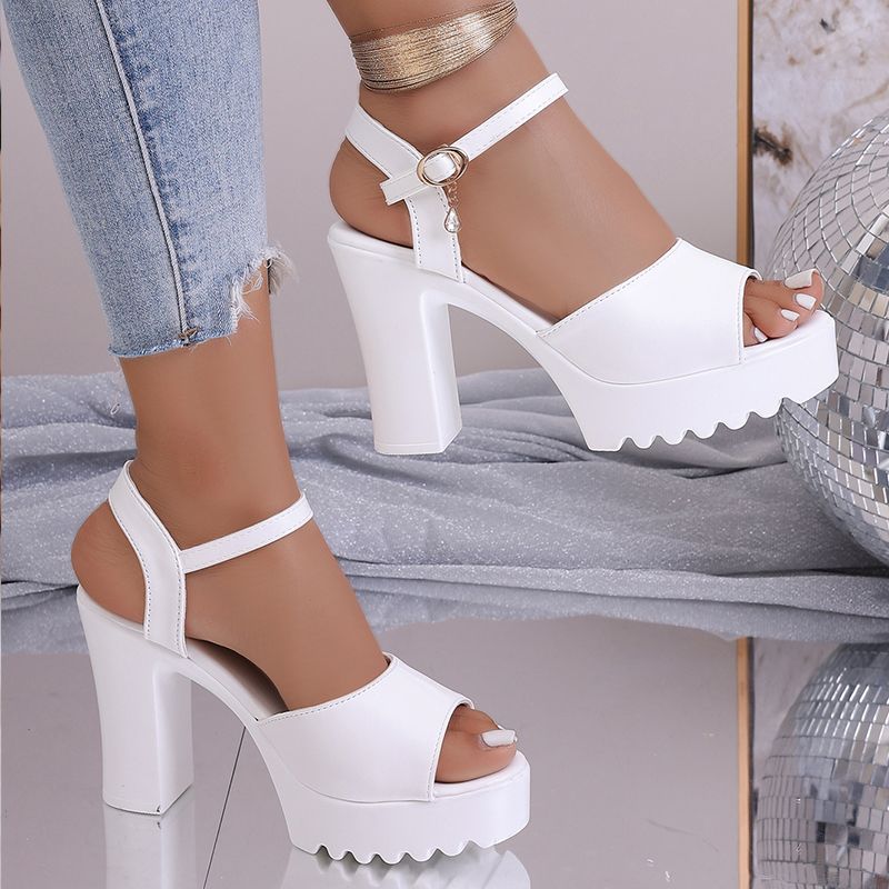 Women's Chunky Heel Peep Toe Sandals With Single Buckle  Waterproof Platform  Versatile High Heels