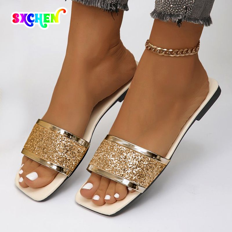 Summer Women Slippers Shoes Fashion Flat Open Toe Slides Women Luxury Mules Beach Slippers Square Toe Casual Sandals Zapatos De Mujer Breathable And Durable Flip-flops