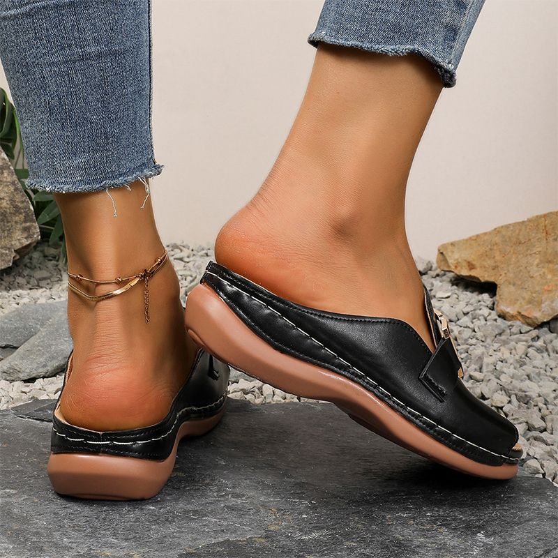 Women Slippers Casual Flat Open Heel Shoes Lightweight Comfortable Sports Slippers Fashion Sandals Slides Golden Buckle anti-slip Breathable Round-toe Indoor And Outdoor Slippers