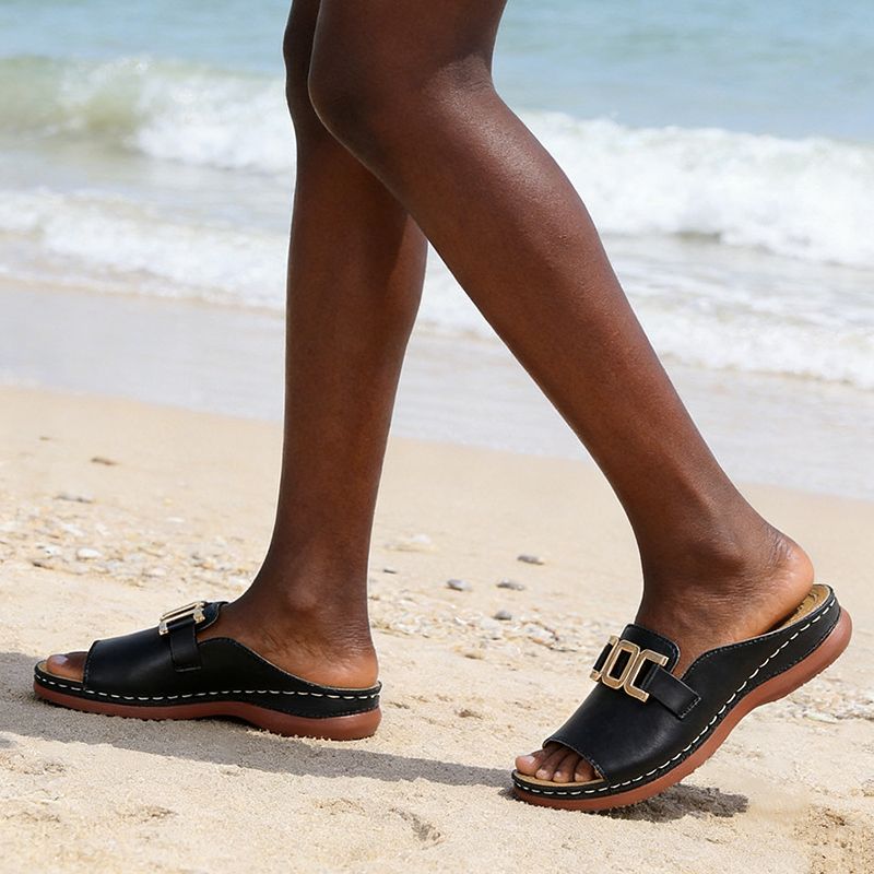 Women Slippers Casual Flat Open Heel Shoes Lightweight Comfortable Sports Slippers Fashion Sandals Slides Golden Buckle anti-slip Breathable Round-toe Indoor And Outdoor Slippers