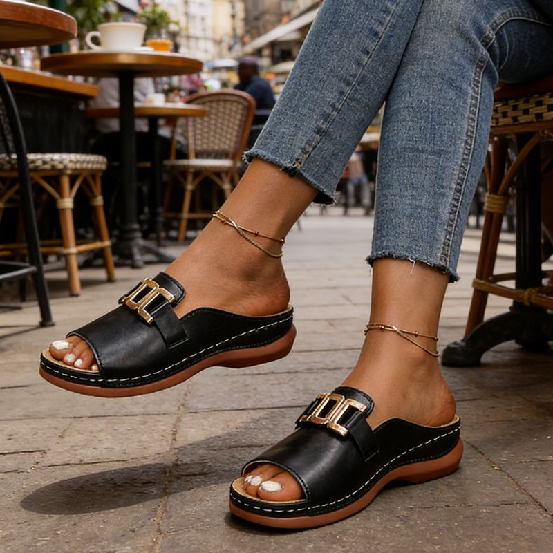 Women Slippers Casual Flat Open Heel Shoes Lightweight Comfortable Sports Slippers Fashion Sandals Slides Golden Buckle anti-slip Breathable Round-toe Indoor And Outdoor Slippers