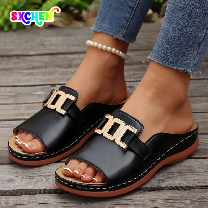 Women Slippers Casual Flat Open Heel Shoes Lightweight Comfortable Sports Slippers Fashion Sandals Slides Golden Buckle anti-slip Breathable Round-toe Indoor And Outdoor Slippers