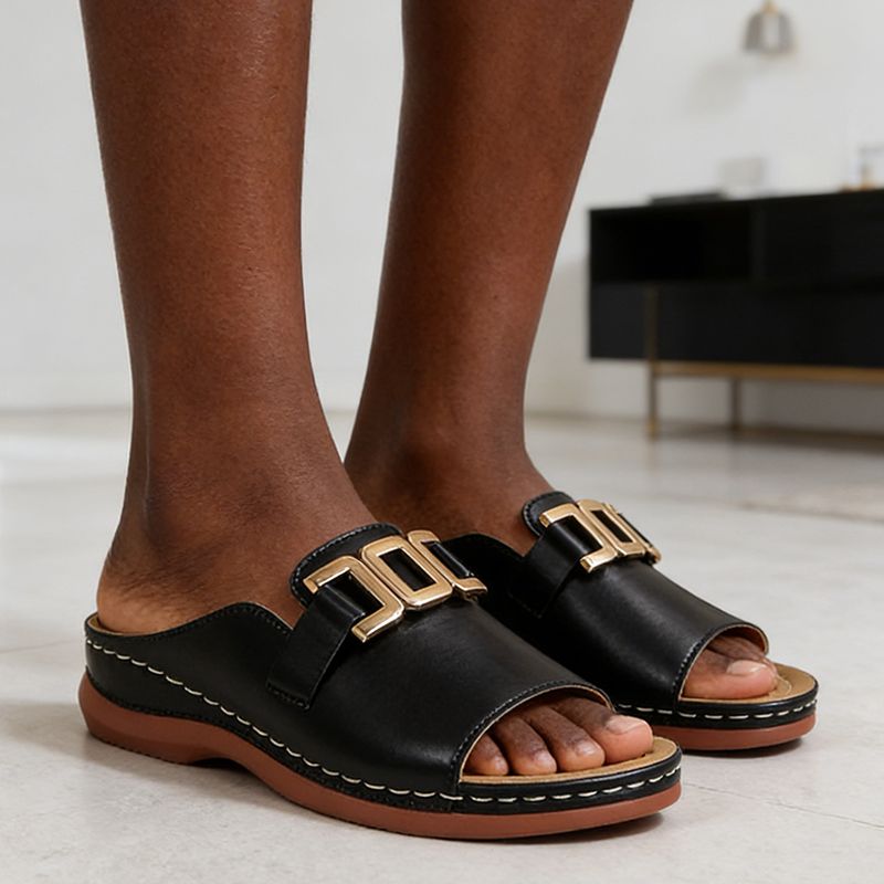 Women Slippers Casual Flat Open Heel Shoes Lightweight Comfortable Sports Slippers Fashion Sandals Slides Golden Buckle anti-slip Breathable Round-toe Indoor And Outdoor Slippers