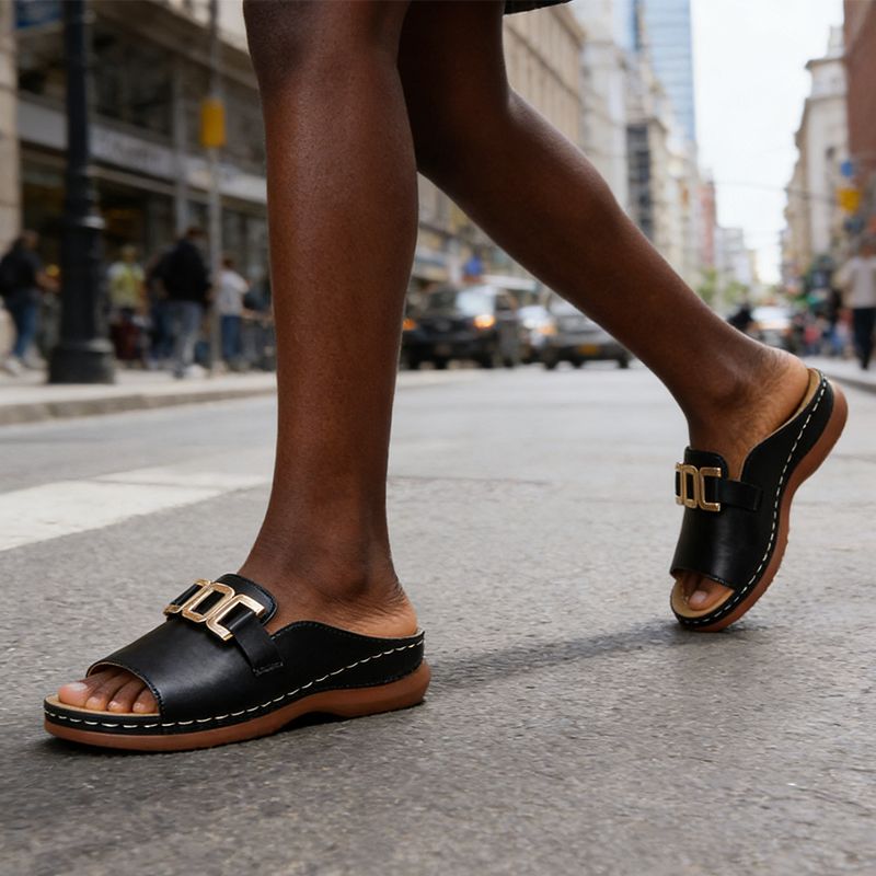 Women Slippers Casual Flat Open Heel Shoes Lightweight Comfortable Sports Slippers Fashion Sandals Slides Golden Buckle anti-slip Breathable Round-toe Indoor And Outdoor Slippers