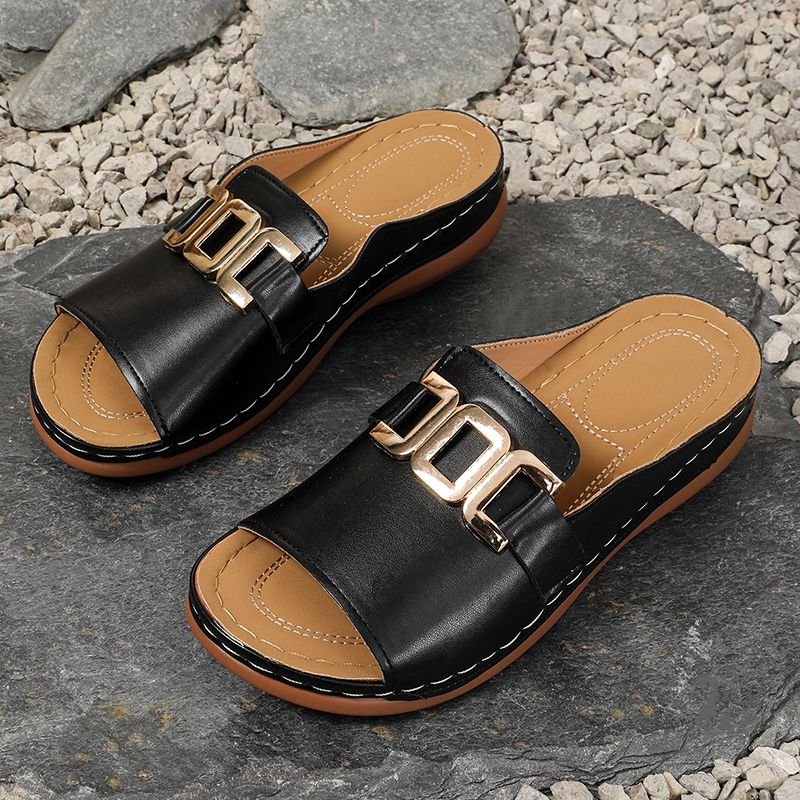 Women Slippers Casual Flat Open Heel Shoes Lightweight Comfortable Sports Slippers Fashion Sandals Slides Golden Buckle anti-slip Breathable Round-toe Indoor And Outdoor Slippers