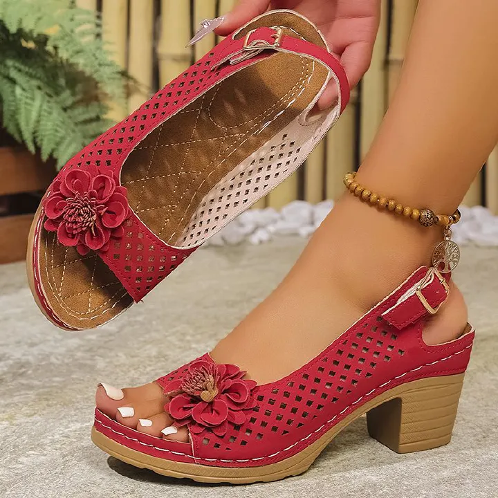 SXCHEN Women's Fashion Heel Shoes – Red With Decorative Floral Detail, Breathable Hollow-Out Upper，Non-Slip Sole，Durable Stitching, Suitable For Outdoor Strolls & Relaxed Outfits