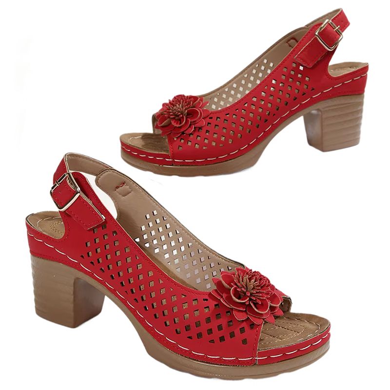 Fashion Flowers High Heels Shoes Sandals Women Back Strap Hollow Out Summer Sandles Woman Plus Size Thick Heeled Sandalias Mujer Open-Toe Ankle Strap Platform High Heels