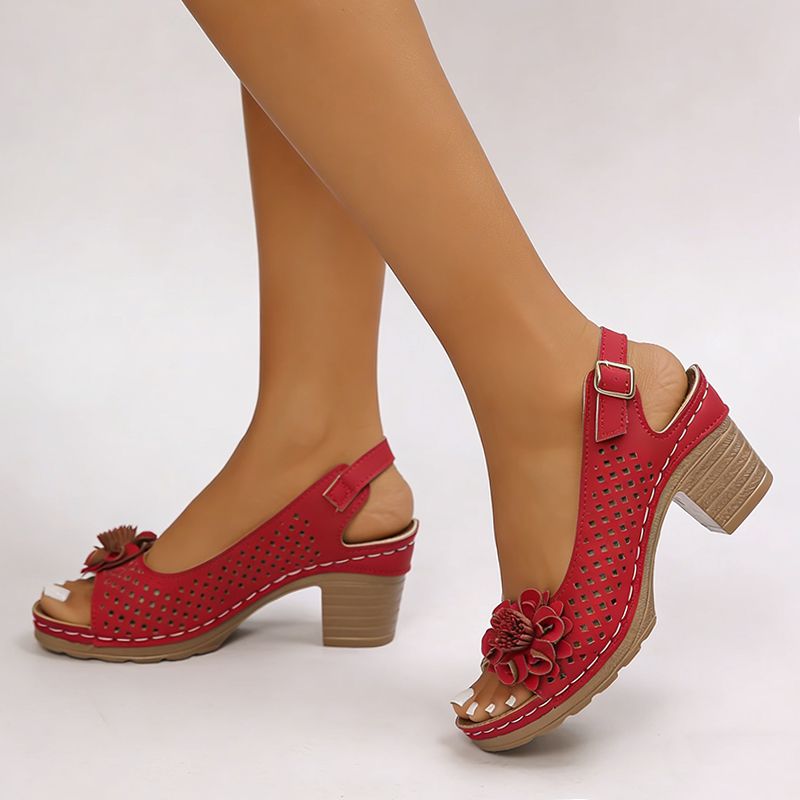 Fashion Flowers High Heels Shoes Sandals Women Back Strap Hollow Out Summer Sandles Woman Plus Size Thick Heeled Sandalias Mujer Open-Toe Ankle Strap Platform High Heels