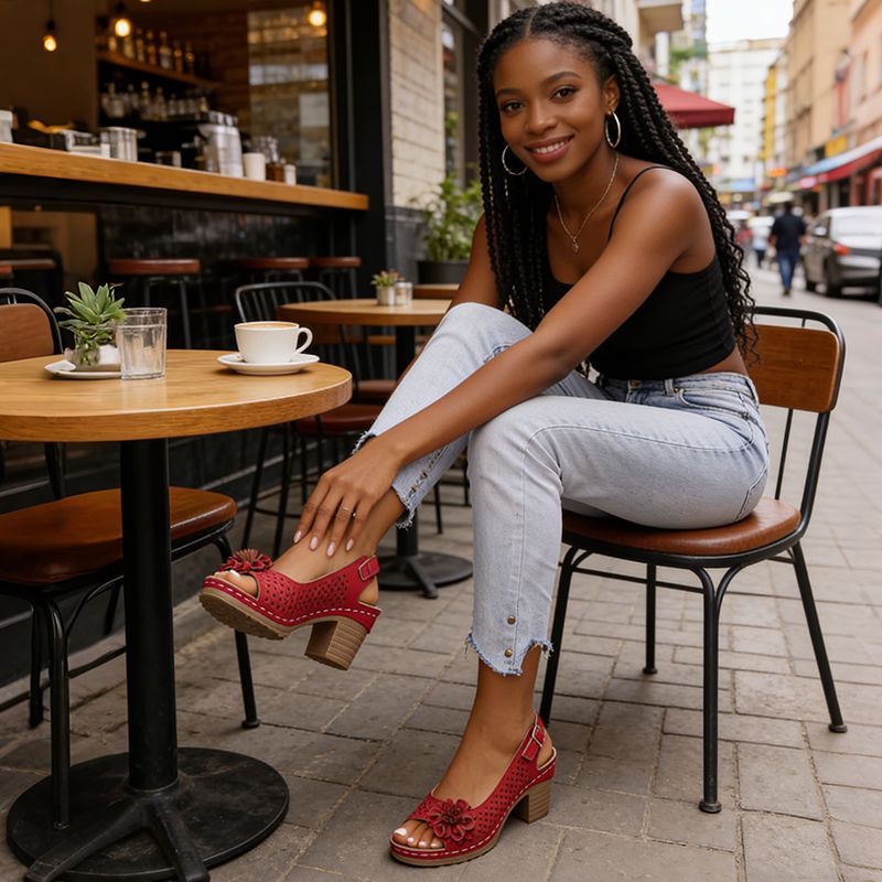 Fashion Flowers High Heels Shoes Sandals Women Back Strap Hollow Out Summer Sandles Woman Plus Size Thick Heeled Sandalias Mujer Open-Toe Ankle Strap Platform High Heels