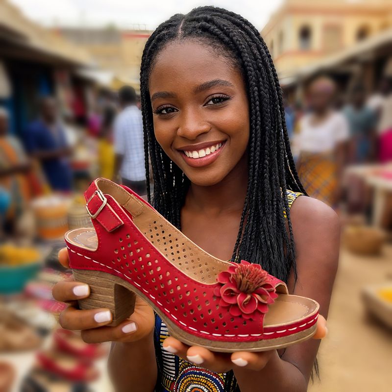 Fashion Flowers High Heels Shoes Sandals Women Back Strap Hollow Out Summer Sandles Woman Plus Size Thick Heeled Sandalias Mujer Open-Toe Ankle Strap Platform High Heels