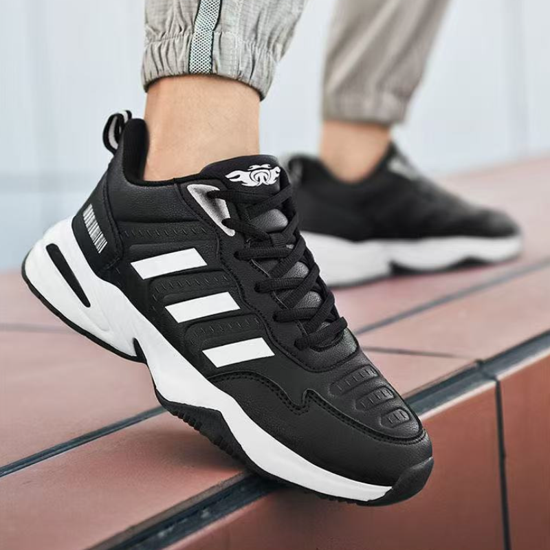 SXCHEN Men's Performance Sneaker Shoes – Black With Contrast White Sole, Shock-Absorbing Heel Support, Non-Slip Traction Sole, Ideal For Running, Training & All-Day Comfort, All Sizes Available