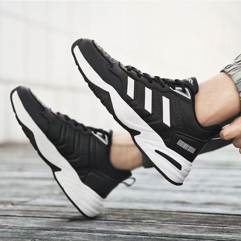 SXCHEN Men's Performance Sneaker Shoes – Black With Contrast White Sole, Shock-Absorbing Heel Support, Non-Slip Traction Sole, Ideal For Running, Training & All-Day Comfort, All Sizes Available