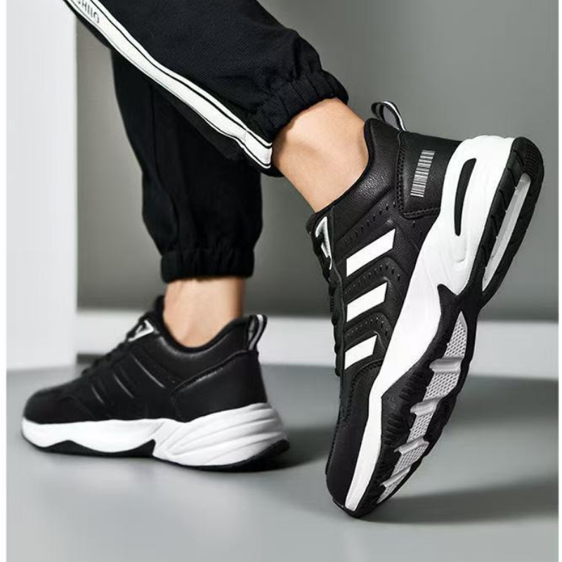 SXCHEN Men's Performance Sneaker Shoes – Black With Contrast White Sole, Shock-Absorbing Heel Support, Non-Slip Traction Sole, Ideal For Running, Training & All-Day Comfort, All Sizes Available