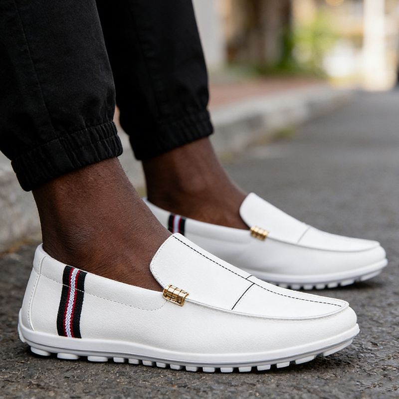 SXCHEN Men's Fashion Loafer Shoes-White With Contrast Striped Trim,Lightweight Construction, Anti-Skid Traction Sole,Perfect For Business Casual & Daily Commute