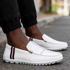 SXCHEN Men Shoes Formal Loafer Business Casual Slip-on Flat Sneakers White With Contrast Striped Trim,Lightweight Construction, Anti-Skid Traction Sole,Perfect For Business Casual & Daily Commute
