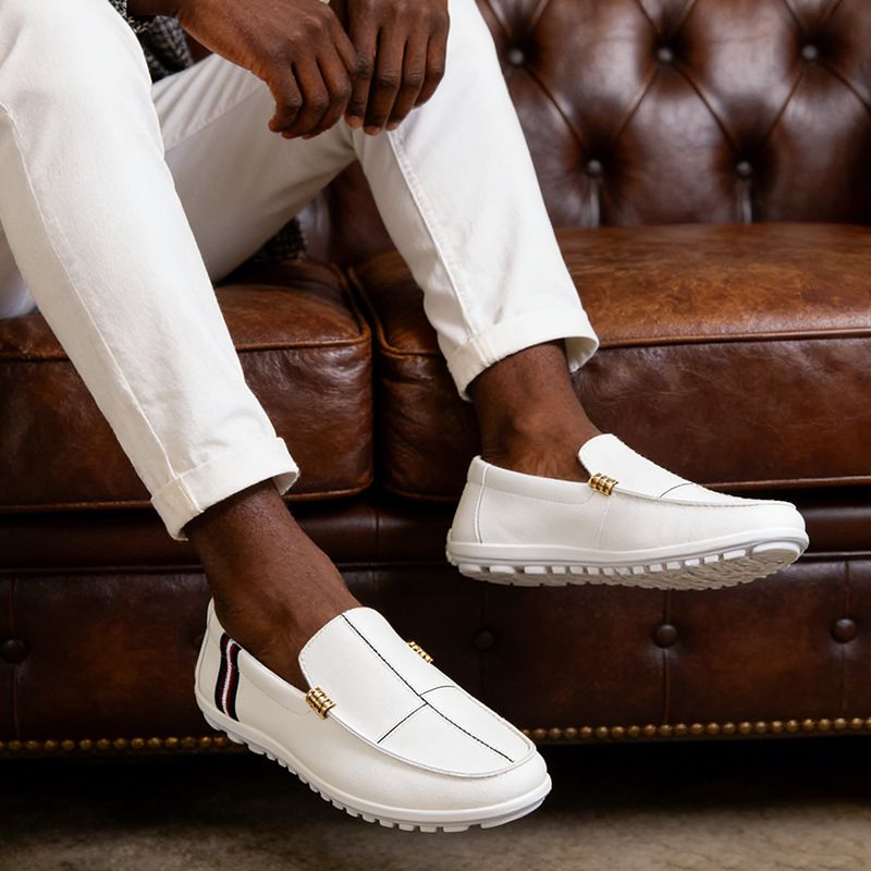 SXCHEN Men's Fashion Loafer Shoes-White With Contrast Striped Trim,Lightweight Construction, Anti-Skid Traction Sole,Perfect For Business Casual & Daily Commute