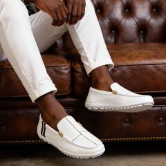 SXCHEN Men Shoes Formal Loafer Business Casual Slip-on Flat Sneakers White With Contrast Striped Trim,Lightweight Construction, Anti-Skid Traction Sole,Perfect For Business Casual & Daily Commute