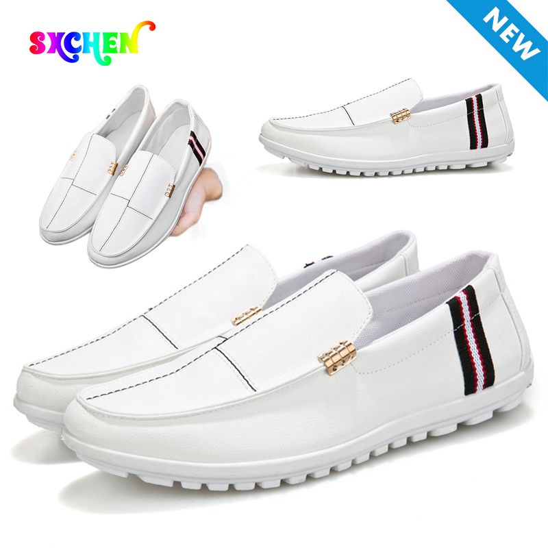 SXCHEN Men Shoes Formal Loafer Business Casual Slip-on Flat Sneakers White With Contrast Striped Trim,Lightweight Construction, Anti-Skid Traction Sole,Perfect For Business Casual & Daily Commute