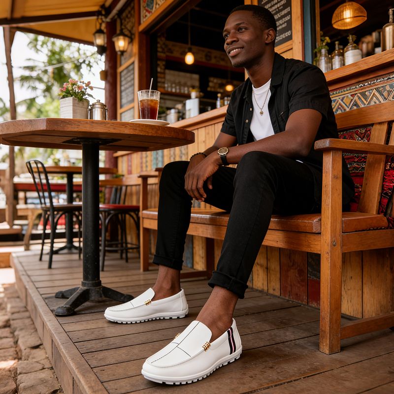 SXCHEN Men's Fashion Loafer Shoes-White With Contrast Striped Trim,Lightweight Construction, Anti-Skid Traction Sole,Perfect For Business Casual & Daily Commute