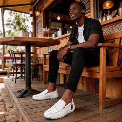 SXCHEN Men Shoes Formal Loafer Business Casual Slip-on Flat Sneakers White With Contrast Striped Trim,Lightweight Construction, Anti-Skid Traction Sole,Perfect For Business Casual & Daily Commute