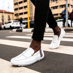 SXCHEN Men Shoes Formal Loafer Business Casual Slip-on Flat Sneakers White With Contrast Striped Trim,Lightweight Construction, Anti-Skid Traction Sole,Perfect For Business Casual & Daily Commute