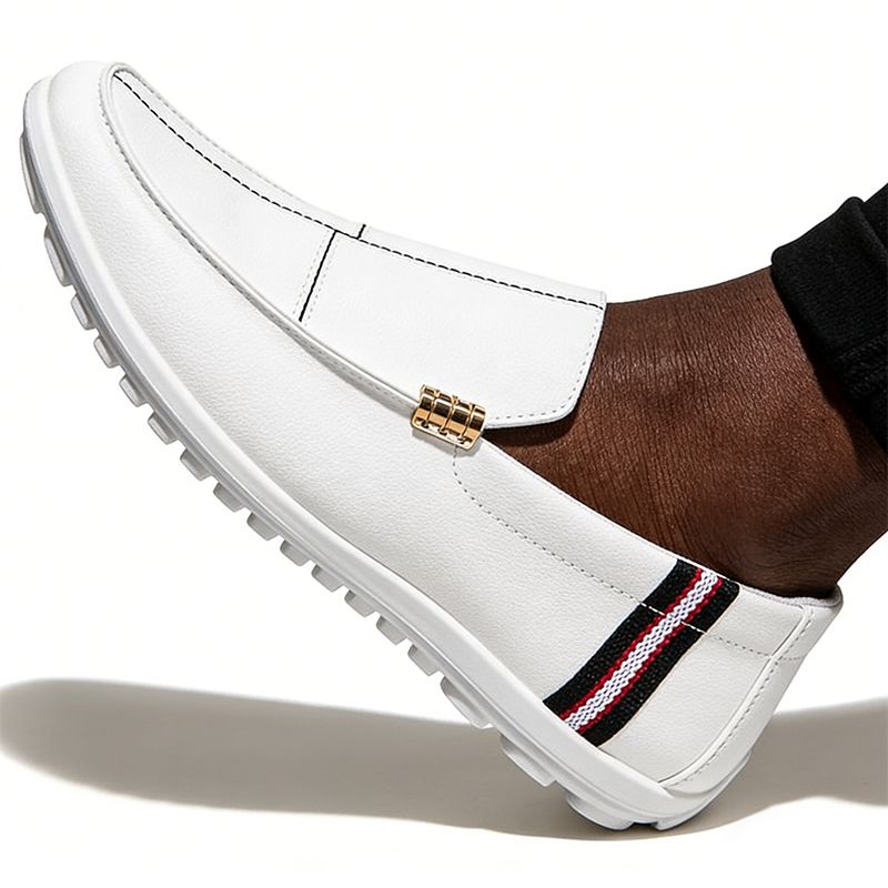 SXCHEN Men's Fashion Loafer Shoes-White With Contrast Striped Trim,Lightweight Construction, Anti-Skid Traction Sole,Perfect For Business Casual & Daily Commute