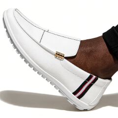 SXCHEN Men Shoes Formal Loafer Business Casual Slip-on Flat Sneakers White With Contrast Striped Trim,Lightweight Construction, Anti-Skid Traction Sole,Perfect For Business Casual & Daily Commute